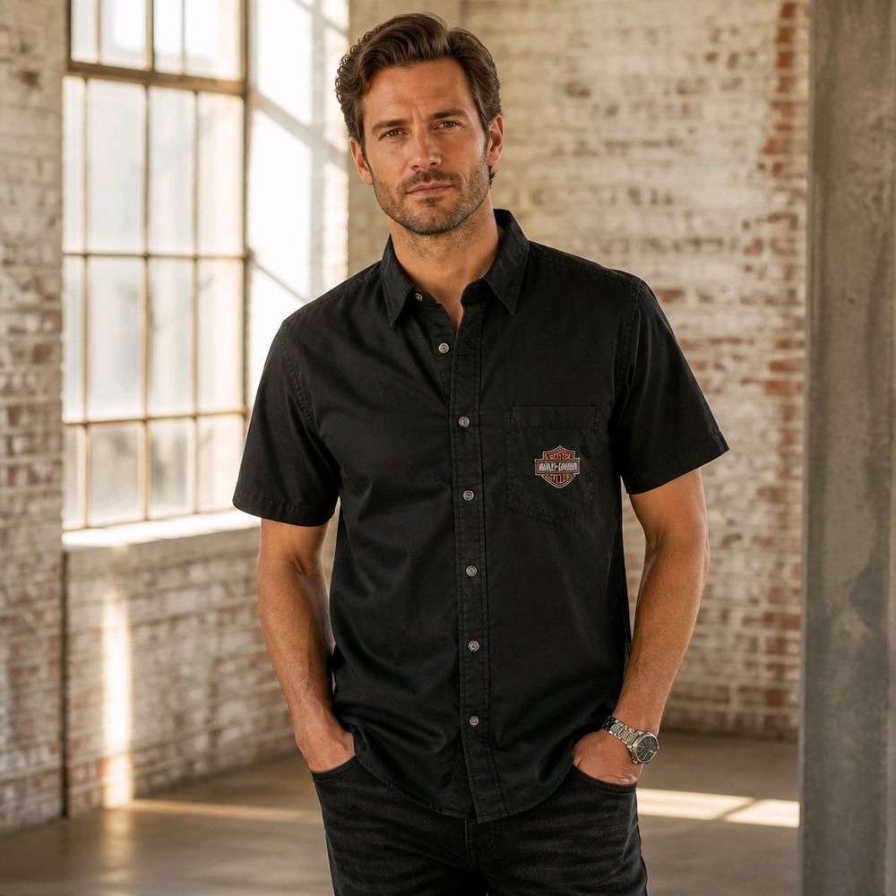 Harley-Davidson Medium Short Sleeve Black Cotton Button Down Shirt Logo Back